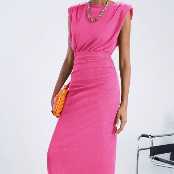 Pink Preppy Womens Solid Shoulder Pad Ruched Waist Dress - Picture 2 of 5